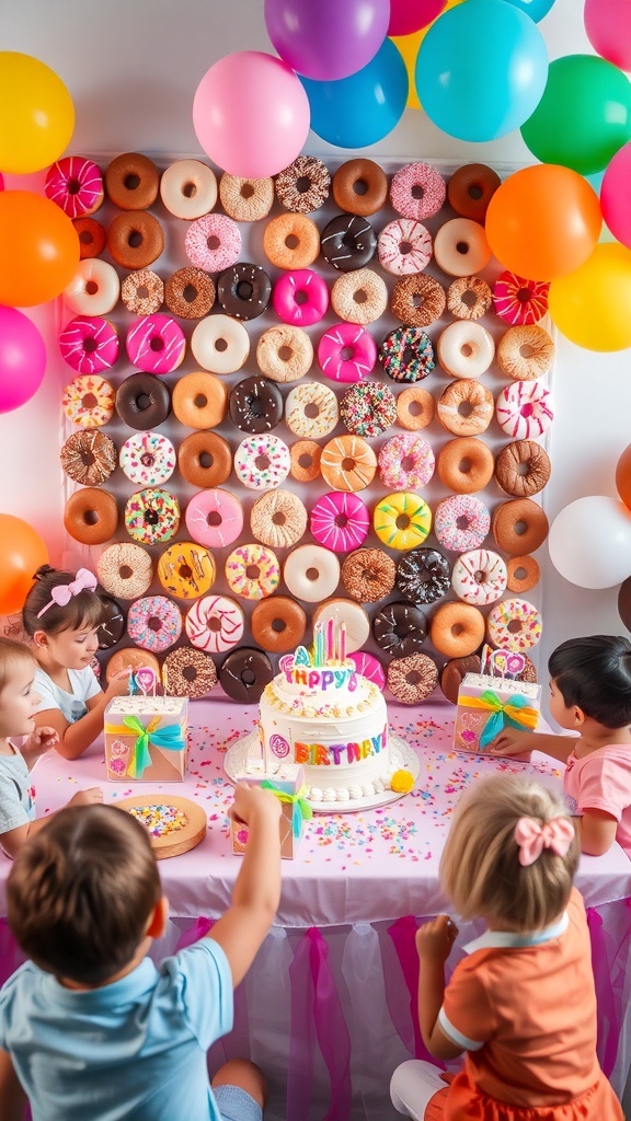A lively donut birthday party with a donut wall, colorful decorations, and guests celebrating.